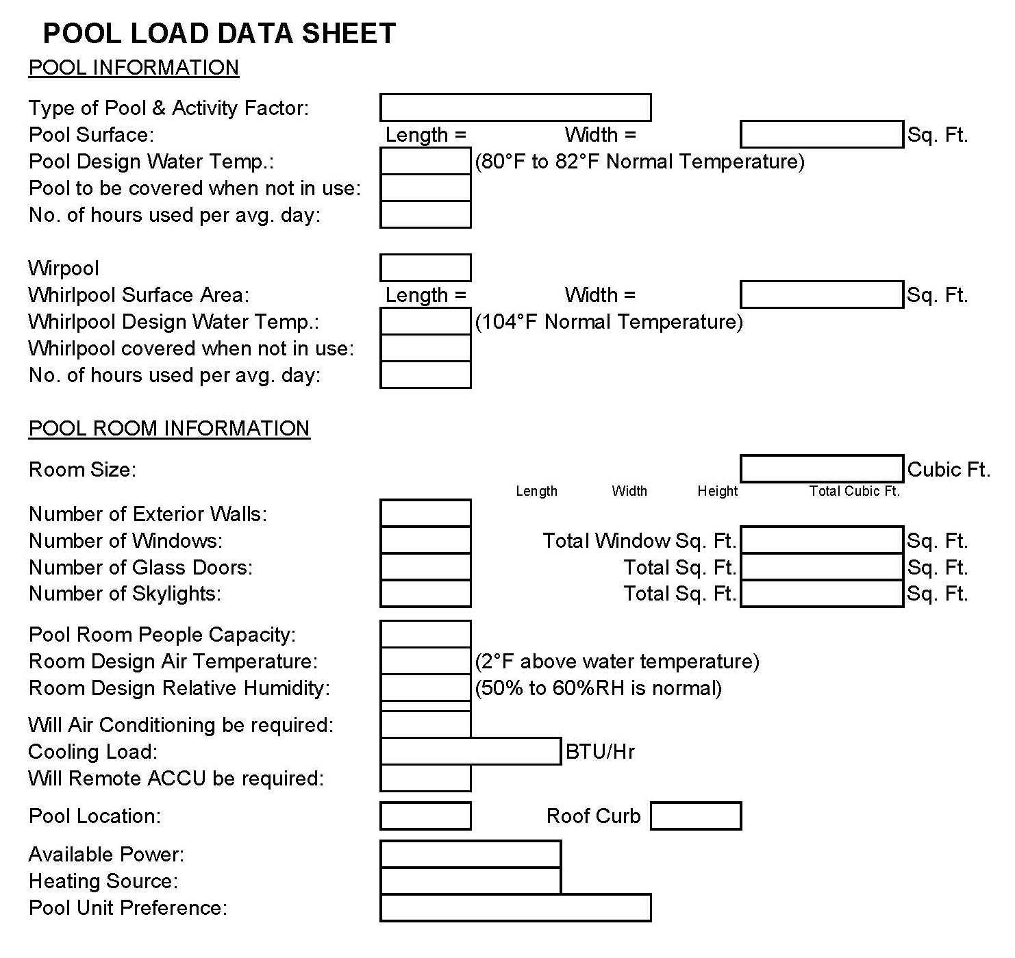 Pool Load Data Sheet